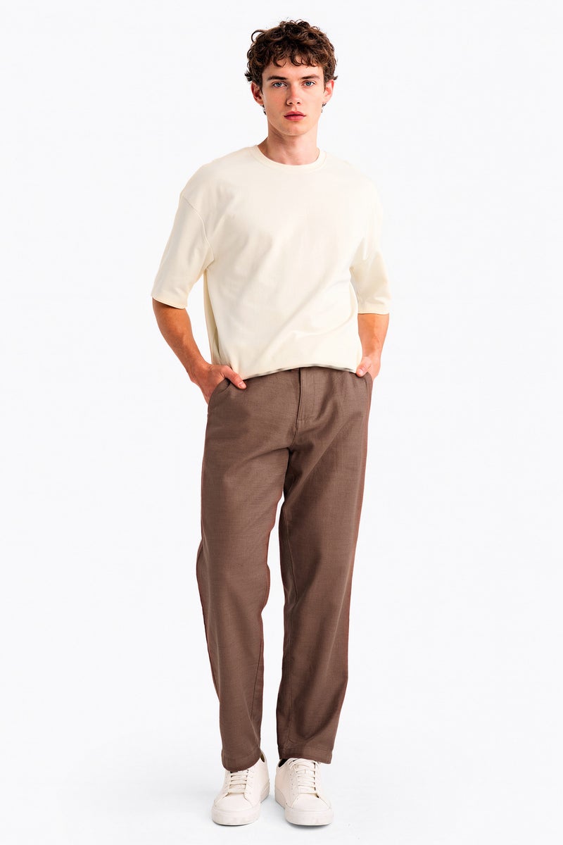 DeFacto Brown Man Regular Fit Straight Leg Cotton Trousers Casual - Image 1